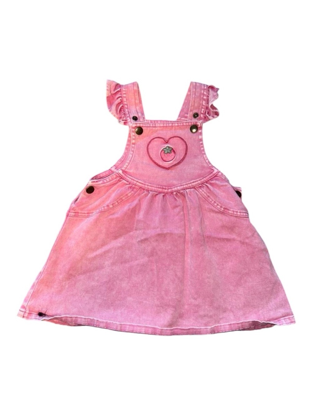 HUX Baby Pink Denim Strawberry Heart Pinafore Dress 12-18M